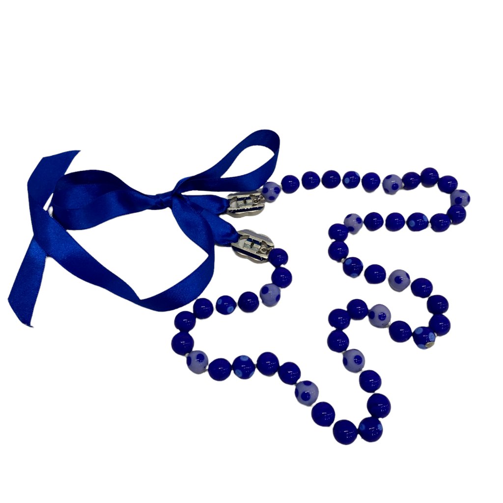 Chanel 05p Spotted Glass Bead Long Silk Ribbon Blue Necklace Logo